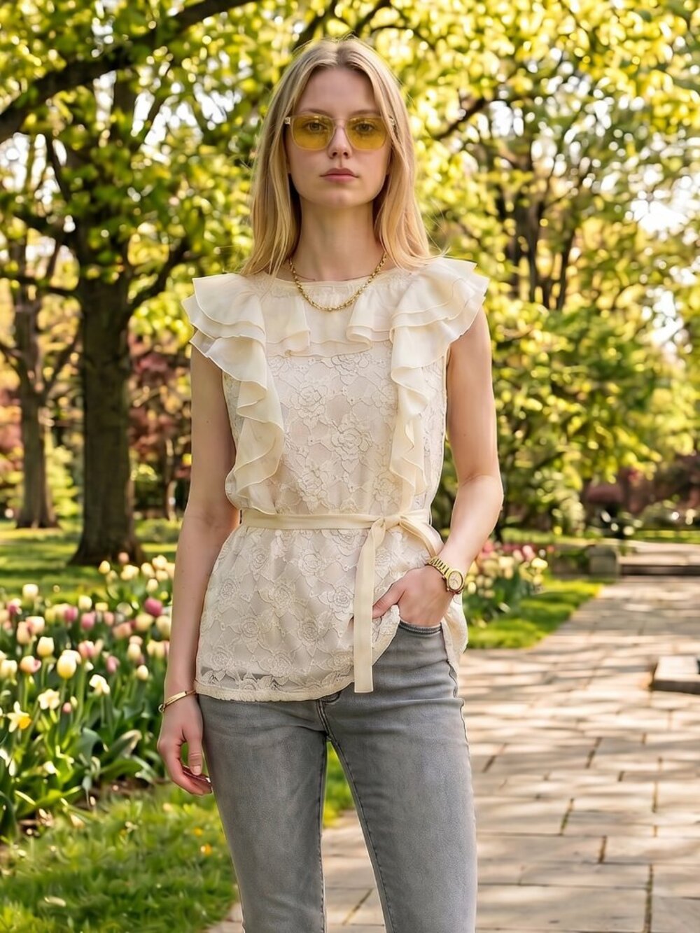 ✨ Young Essence Cream Lace Ruffle Sleeveless Top – Women’s Size M ✨